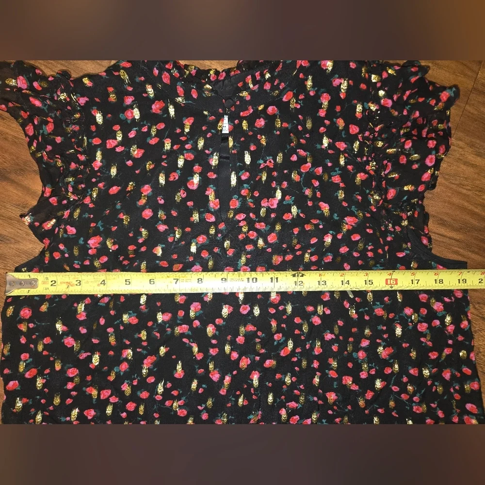 J. Crew Black Red Gold Ruffle Flutter Sleeve Floral Top Medium